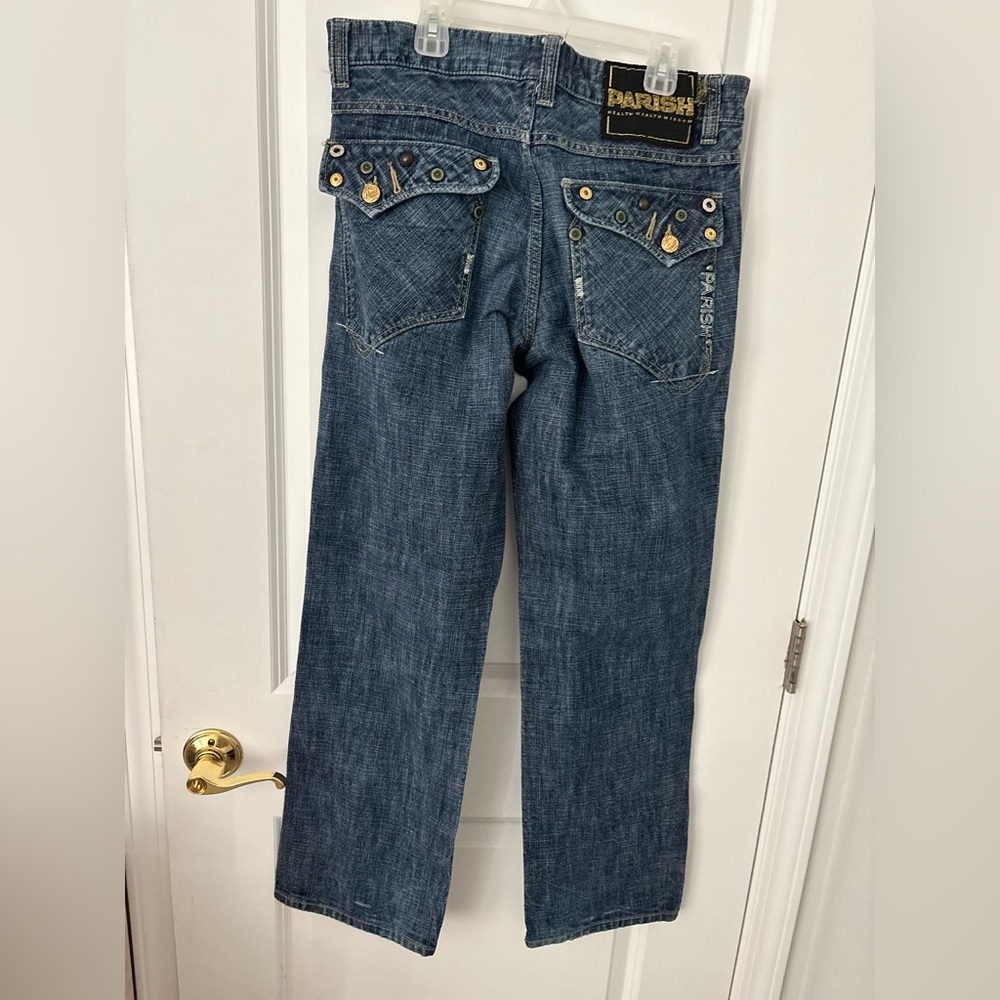 Vintage Y2K Parish Hip Hop grunge dark wash baggy jeans Grommets Buttons 34